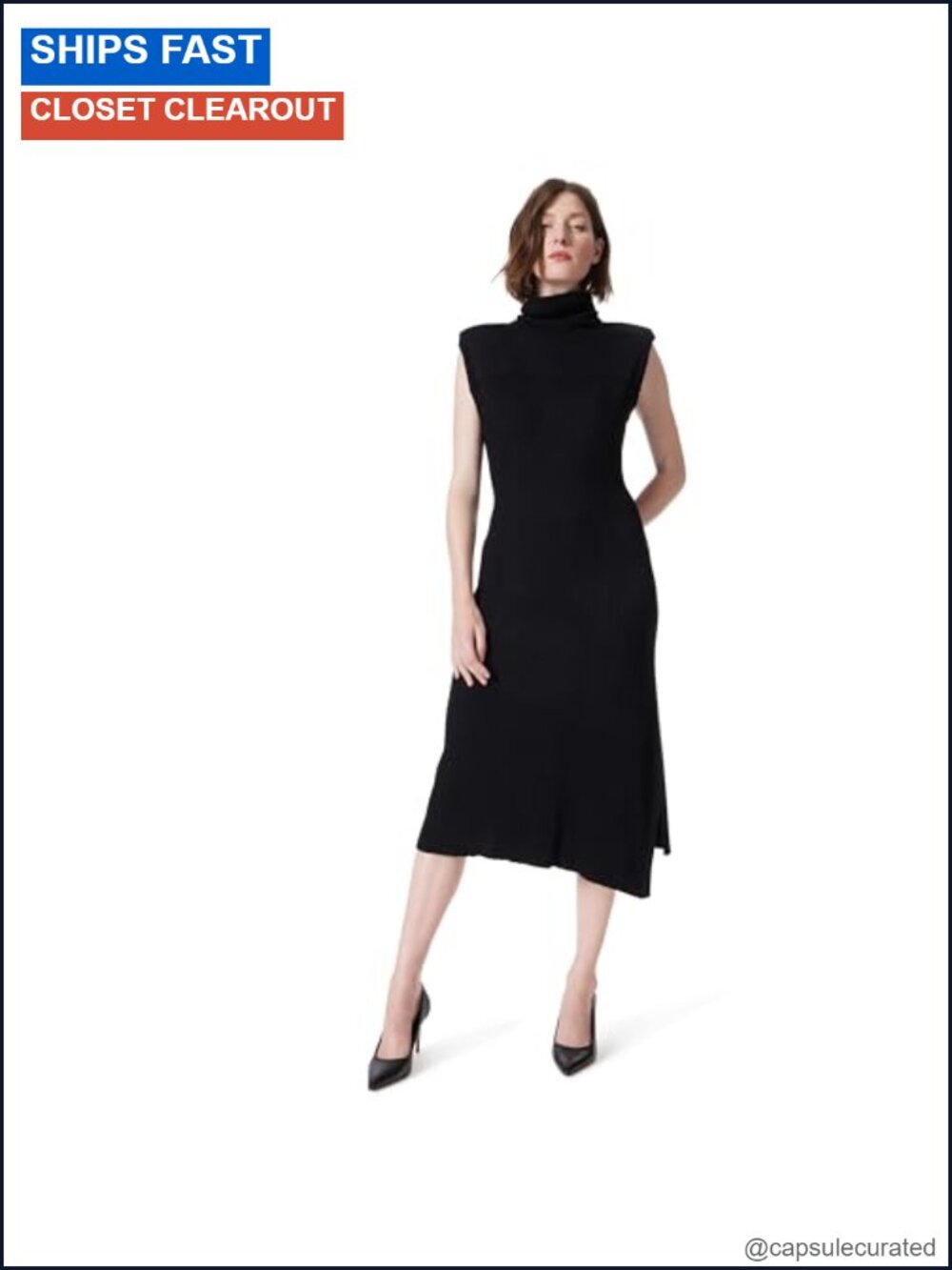 Asymmetric Ribbed Knit Sheath Dress Turtleneck Sleeveless Side Slits